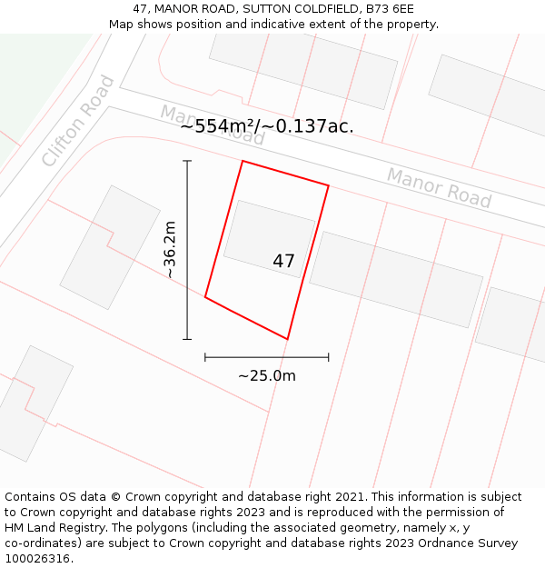 47, MANOR ROAD, SUTTON COLDFIELD, B73 6EE: Plot and title map