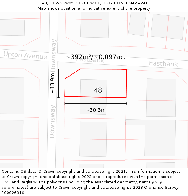 48, DOWNSWAY, SOUTHWICK, BRIGHTON, BN42 4WB: Plot and title map