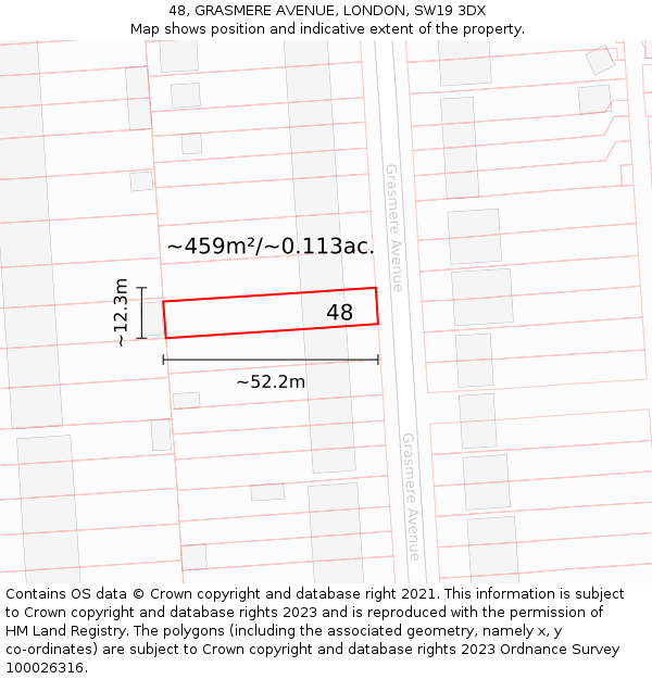 48, GRASMERE AVENUE, LONDON, SW19 3DX: Plot and title map
