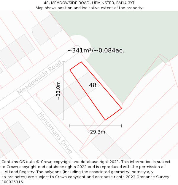 48, MEADOWSIDE ROAD, UPMINSTER, RM14 3YT: Plot and title map