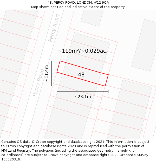 48, PERCY ROAD, LONDON, W12 9QA: Plot and title map