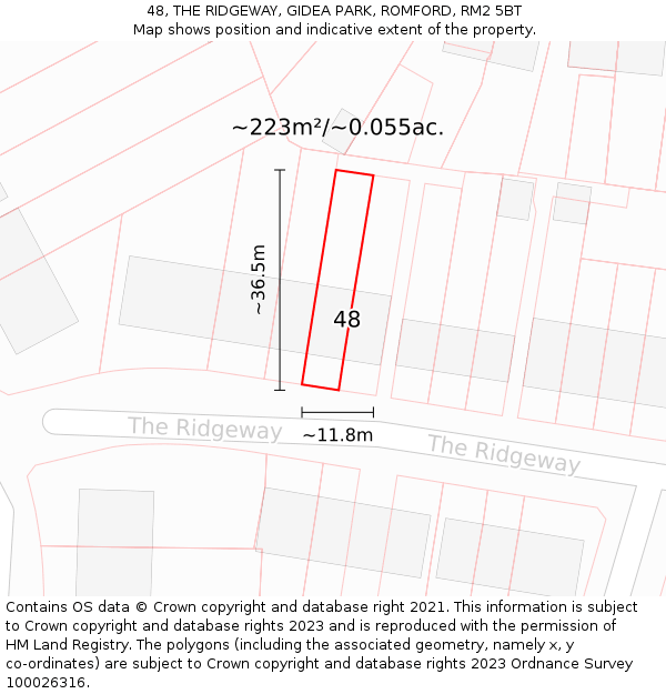 48, THE RIDGEWAY, GIDEA PARK, ROMFORD, RM2 5BT: Plot and title map