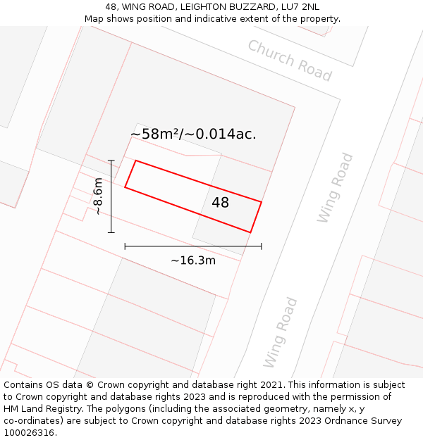 48, WING ROAD, LEIGHTON BUZZARD, LU7 2NL: Plot and title map