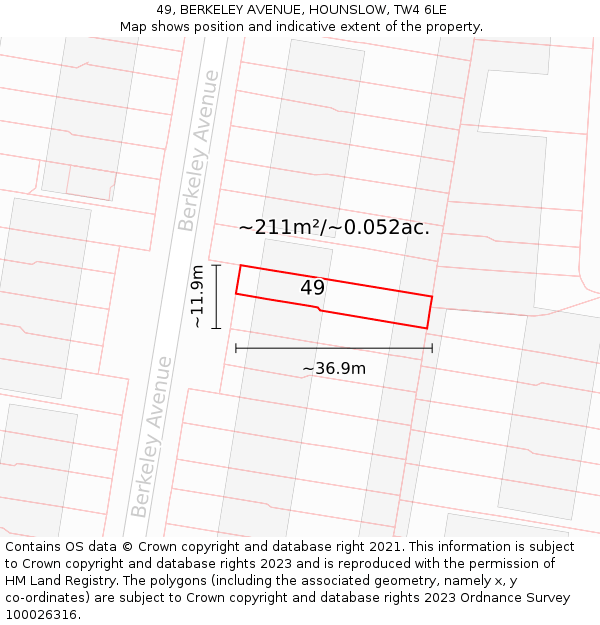 49, BERKELEY AVENUE, HOUNSLOW, TW4 6LE: Plot and title map