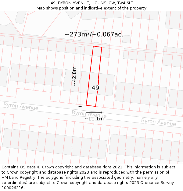 49, BYRON AVENUE, HOUNSLOW, TW4 6LT: Plot and title map