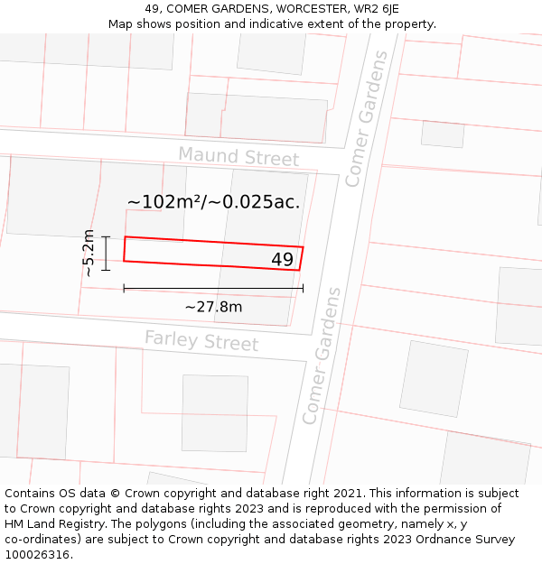 49, COMER GARDENS, WORCESTER, WR2 6JE: Plot and title map
