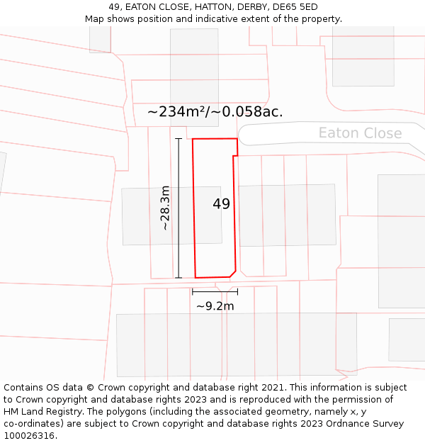 49, EATON CLOSE, HATTON, DERBY, DE65 5ED: Plot and title map