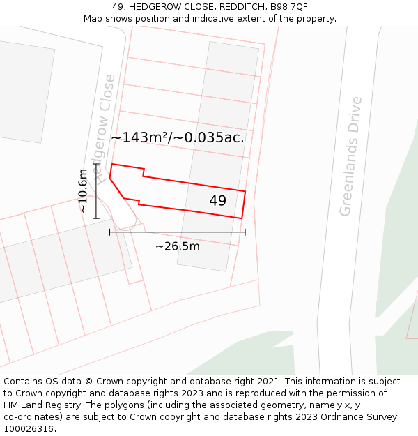 49, HEDGEROW CLOSE, REDDITCH, B98 7QF: Plot and title map