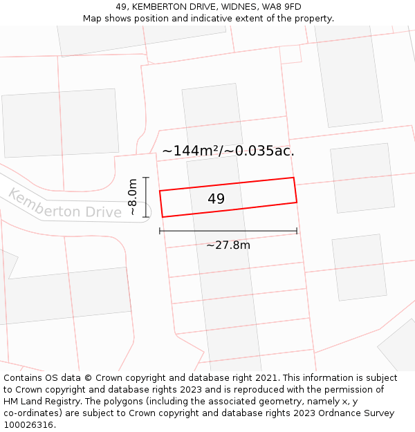 49, KEMBERTON DRIVE, WIDNES, WA8 9FD: Plot and title map