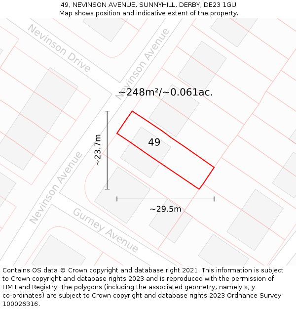 49, NEVINSON AVENUE, SUNNYHILL, DERBY, DE23 1GU: Plot and title map