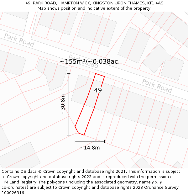 49, PARK ROAD, HAMPTON WICK, KINGSTON UPON THAMES, KT1 4AS: Plot and title map