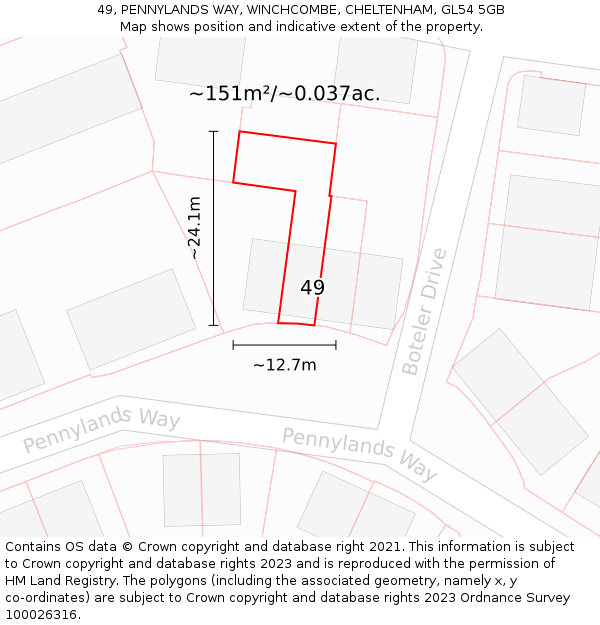 49, PENNYLANDS WAY, WINCHCOMBE, CHELTENHAM, GL54 5GB: Plot and title map