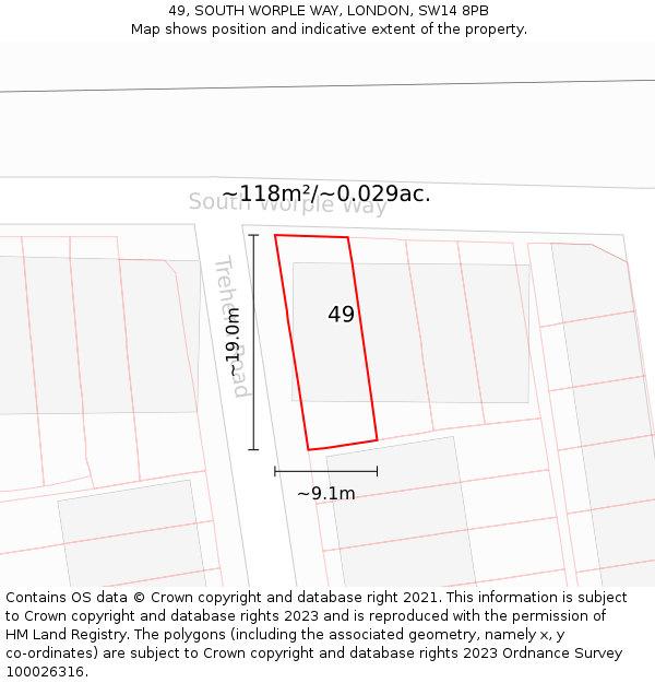 49, SOUTH WORPLE WAY, LONDON, SW14 8PB: Plot and title map