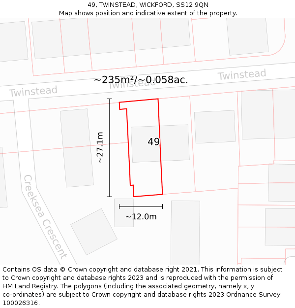 49, TWINSTEAD, WICKFORD, SS12 9QN: Plot and title map