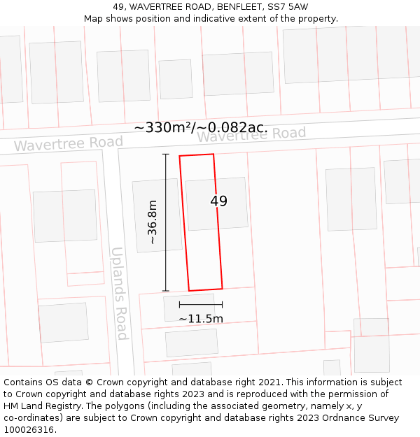 49, WAVERTREE ROAD, BENFLEET, SS7 5AW: Plot and title map