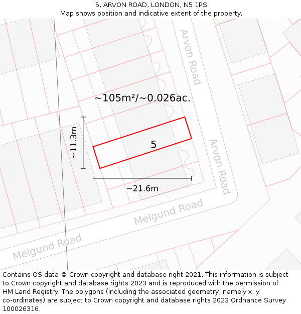 5, ARVON ROAD, LONDON, N5 1PS: Plot and title map