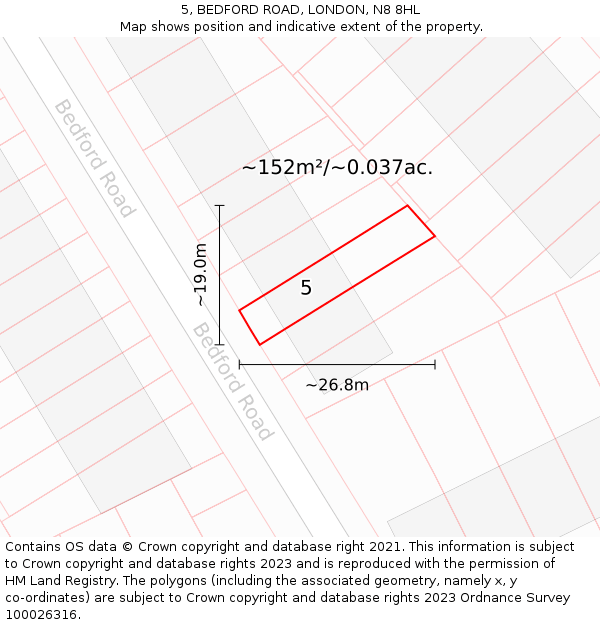 5, BEDFORD ROAD, LONDON, N8 8HL: Plot and title map