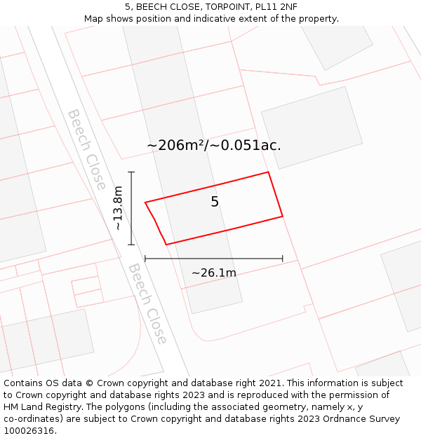 5, BEECH CLOSE, TORPOINT, PL11 2NF: Plot and title map