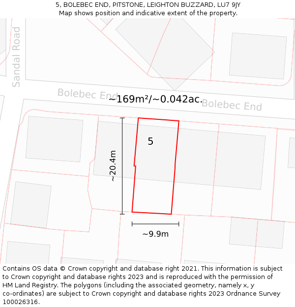 5, BOLEBEC END, PITSTONE, LEIGHTON BUZZARD, LU7 9JY: Plot and title map