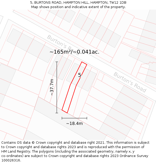 5, BURTONS ROAD, HAMPTON HILL, HAMPTON, TW12 1DB: Plot and title map