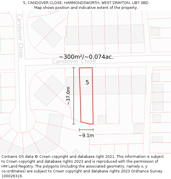5, CANDOVER CLOSE, HARMONDSWORTH, WEST DRAYTON, UB7 0BD: Plot and title map
