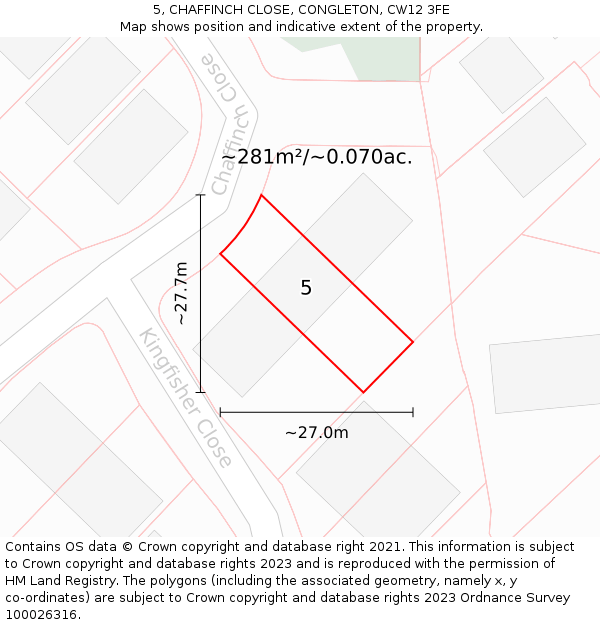 5, CHAFFINCH CLOSE, CONGLETON, CW12 3FE: Plot and title map