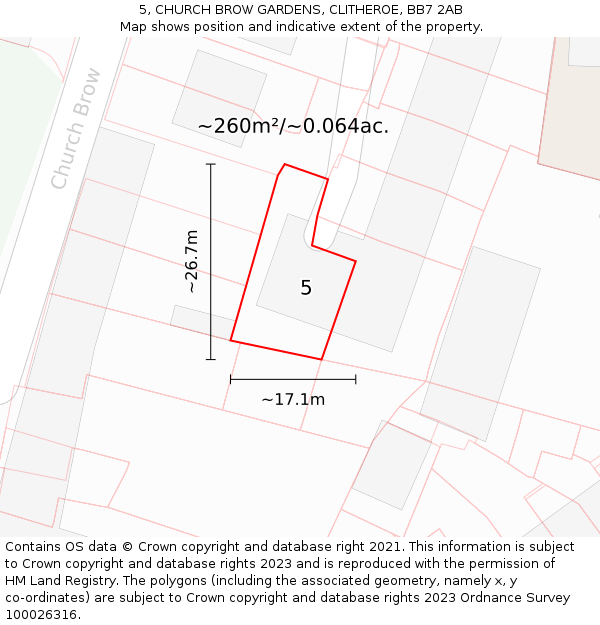 5, CHURCH BROW GARDENS, CLITHEROE, BB7 2AB: Plot and title map