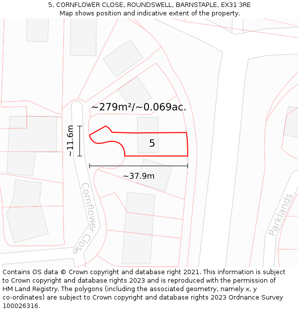 5, CORNFLOWER CLOSE, ROUNDSWELL, BARNSTAPLE, EX31 3RE: Plot and title map