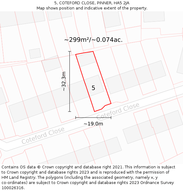 5, COTEFORD CLOSE, PINNER, HA5 2JA: Plot and title map