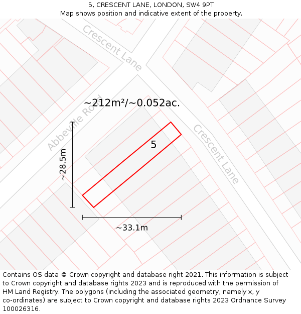 5, CRESCENT LANE, LONDON, SW4 9PT: Plot and title map