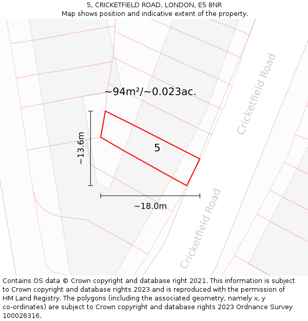 5, CRICKETFIELD ROAD, LONDON, E5 8NR: Plot and title map