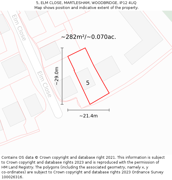 5, ELM CLOSE, MARTLESHAM, WOODBRIDGE, IP12 4UQ: Plot and title map