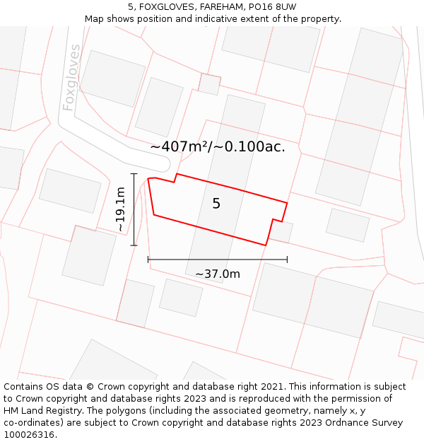 5, FOXGLOVES, FAREHAM, PO16 8UW: Plot and title map