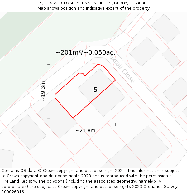 5, FOXTAIL CLOSE, STENSON FIELDS, DERBY, DE24 3FT: Plot and title map