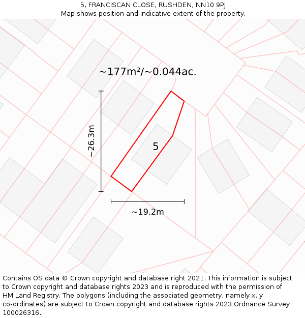 5, FRANCISCAN CLOSE, RUSHDEN, NN10 9PJ: Plot and title map