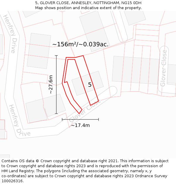 5, GLOVER CLOSE, ANNESLEY, NOTTINGHAM, NG15 0DH: Plot and title map