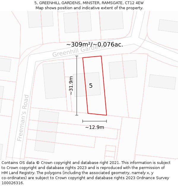 5, GREENHILL GARDENS, MINSTER, RAMSGATE, CT12 4EW: Plot and title map