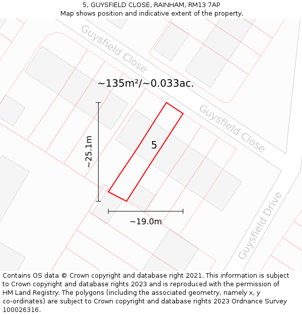 5, GUYSFIELD CLOSE, RAINHAM, RM13 7AP: Plot and title map
