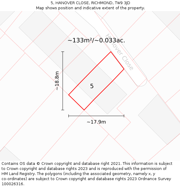 5, HANOVER CLOSE, RICHMOND, TW9 3JD: Plot and title map