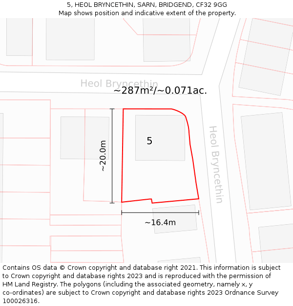 5, HEOL BRYNCETHIN, SARN, BRIDGEND, CF32 9GG: Plot and title map