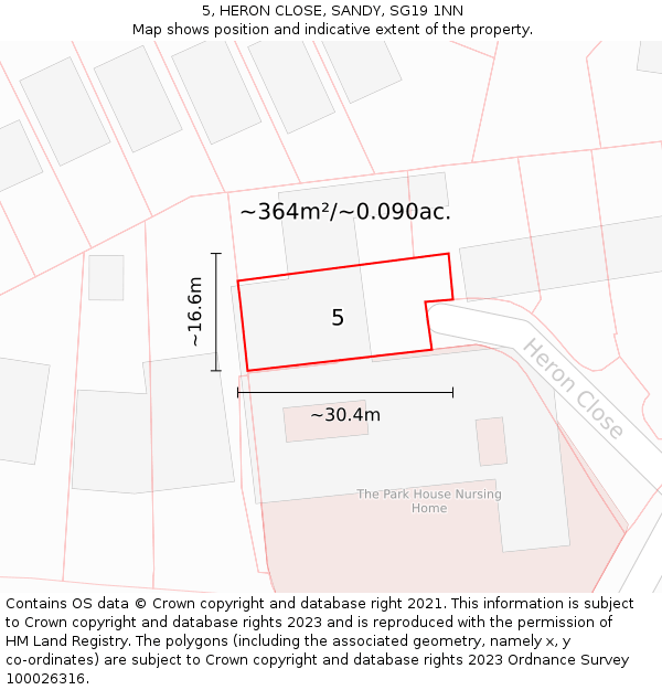 5, HERON CLOSE, SANDY, SG19 1NN: Plot and title map
