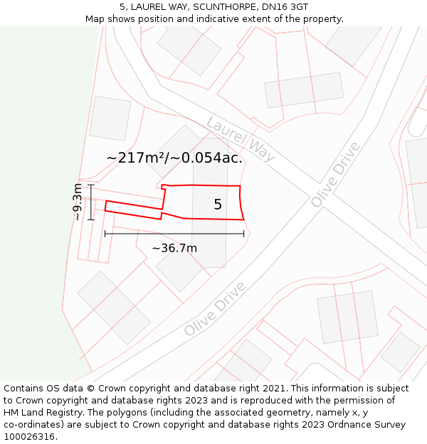 5, LAUREL WAY, SCUNTHORPE, DN16 3GT: Plot and title map