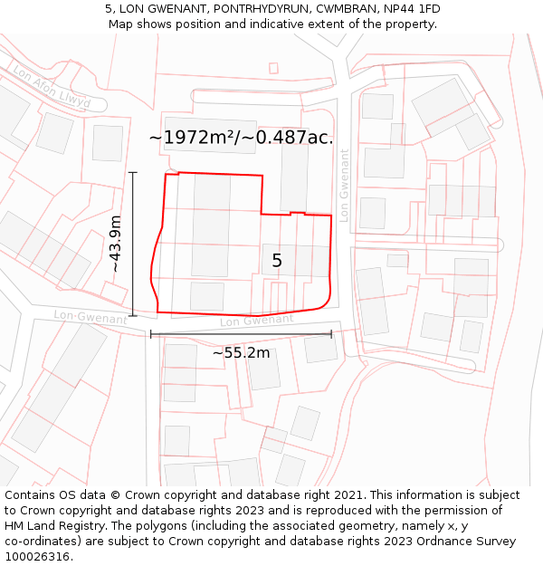 5, LON GWENANT, PONTRHYDYRUN, CWMBRAN, NP44 1FD: Plot and title map