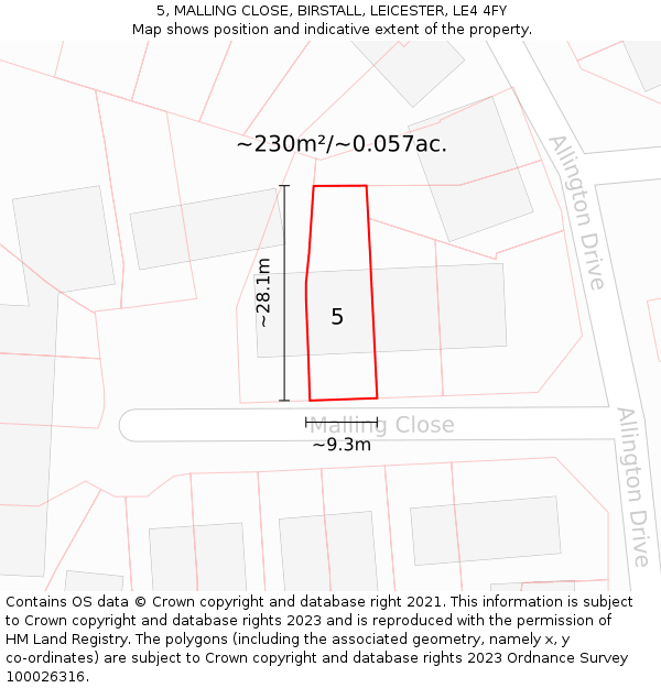 5, MALLING CLOSE, BIRSTALL, LEICESTER, LE4 4FY: Plot and title map