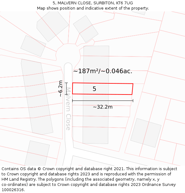 5, MALVERN CLOSE, SURBITON, KT6 7UG: Plot and title map