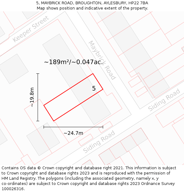 5, MAYBRICK ROAD, BROUGHTON, AYLESBURY, HP22 7BA: Plot and title map