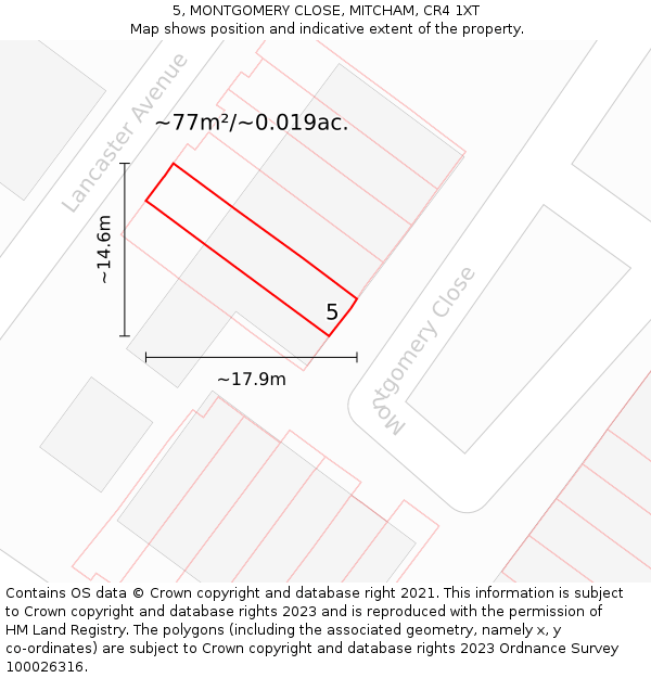 5, MONTGOMERY CLOSE, MITCHAM, CR4 1XT: Plot and title map
