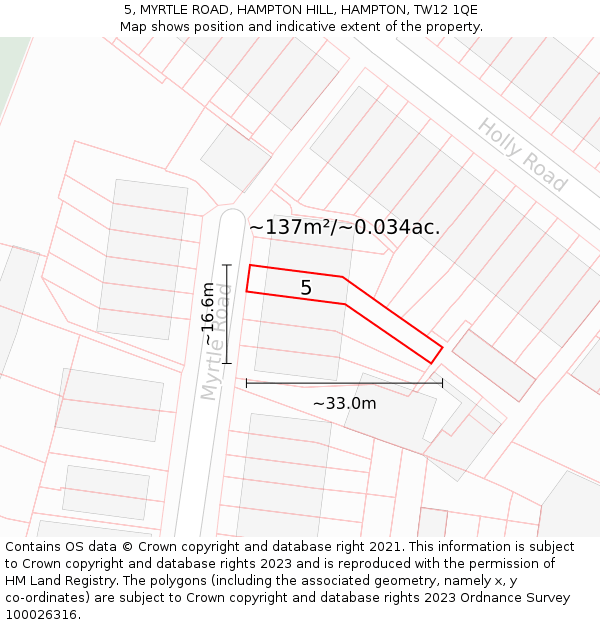5, MYRTLE ROAD, HAMPTON HILL, HAMPTON, TW12 1QE: Plot and title map
