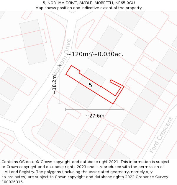 5, NORHAM DRIVE, AMBLE, MORPETH, NE65 0GU: Plot and title map