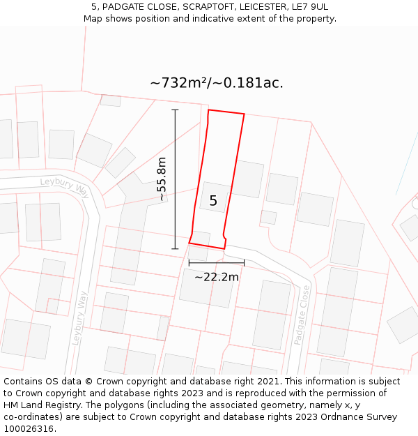5, PADGATE CLOSE, SCRAPTOFT, LEICESTER, LE7 9UL: Plot and title map
